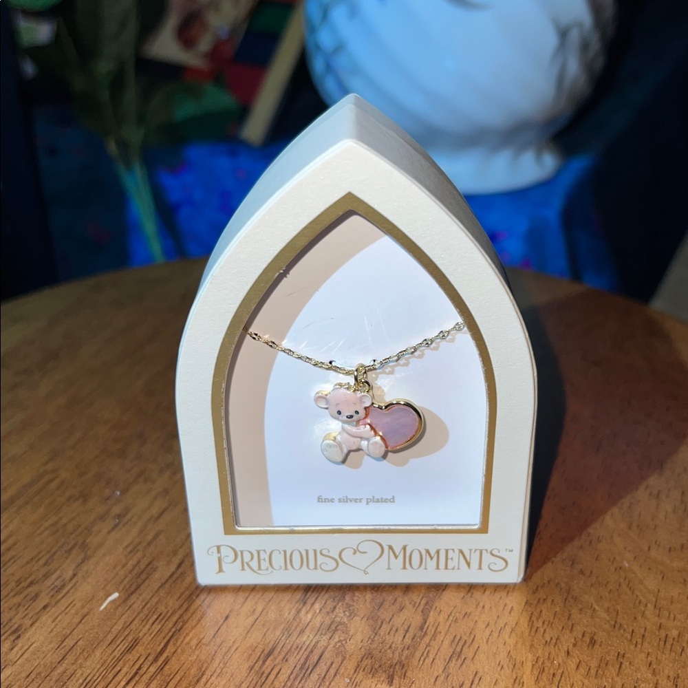 Precious Moments fine silver plated Teddy Bear heart abalone Necklace - Picture 14 of 14